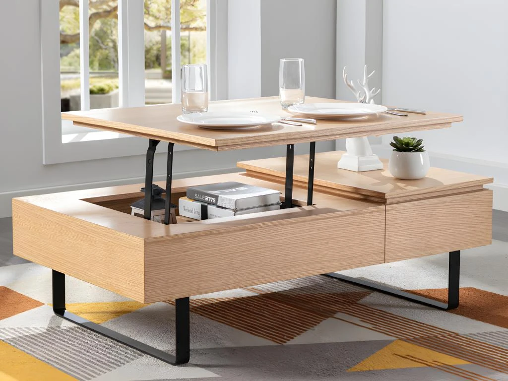 Table Basse Avec Plateau Relevable Et 1 Tiroir En MDF Et Métal - Naturel Clair - DALAHO 5 Table Basse Avec Plateau Relevable Et 1 Tiroir En MDF Et Métal - Naturel Clair - DALAHO – Image 3