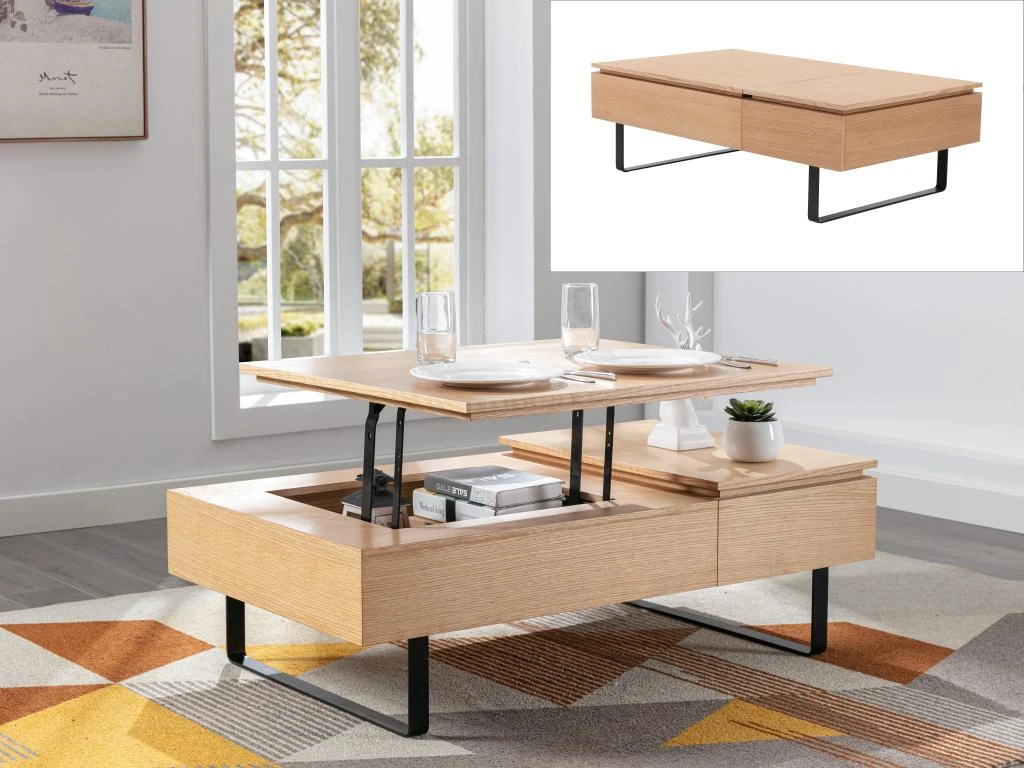 Table Basse Avec Plateau Relevable Et 1 Tiroir En MDF Et Métal - Naturel Clair - DALAHO 4 Table Basse Avec Plateau Relevable Et 1 Tiroir En MDF Et Métal - Naturel Clair - DALAHO – Image 2