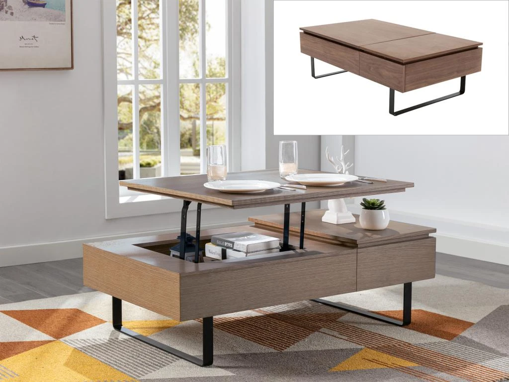 Table Basse Avec Plateau Relevable Et 1 Tiroir En MDF Et Métal - Naturel Foncé - DALAHO 4 Table Basse Avec Plateau Relevable Et 1 Tiroir En MDF Et Métal - Naturel Foncé - DALAHO – Image 2