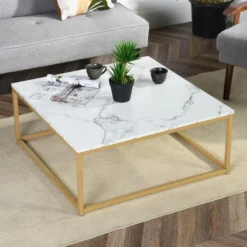 URBAN MEUBLE Table Basse Carré Imitation Marbre Structure Acier Doré 80*80*34CM