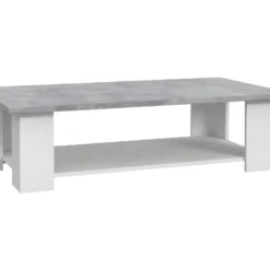 PILVI Table Basse Rectangulaire - Blanc Et Béton Gris Clair - L 110 X P 60 X H 31 Cm