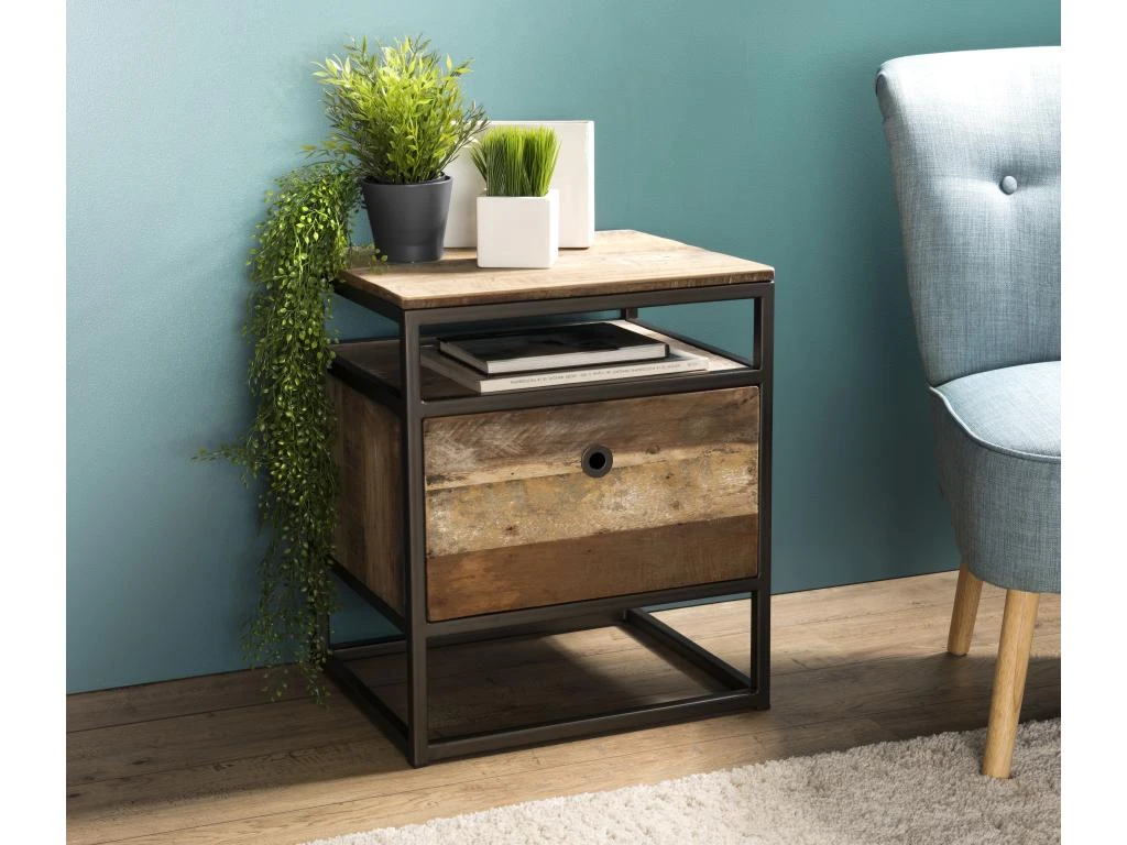 Table D'appoint Tiroir Teck Recyclé Acacia Acajou Métal Noir L47 3 Table D'appoint Tiroir Teck Recyclé Acacia Acajou Métal Noir L47