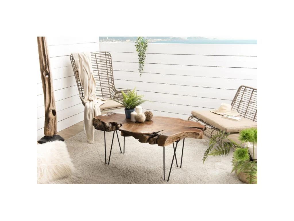 LALY - Table Basse Marron Forme Naturelle Bois Teck Pieds épingles Scandi Métal Noir 3 LALY - Table Basse Marron Forme Naturelle Bois Teck Pieds épingles Scandi Métal Noir