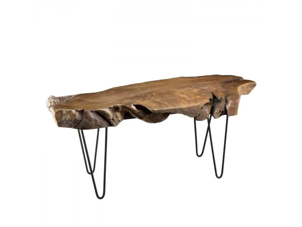 LALY - Table Basse Marron Forme Naturelle Bois Teck Pieds épingles Scandi Métal Noir 4 LALY - Table Basse Marron Forme Naturelle Bois Teck Pieds épingles Scandi Métal Noir – Image 2