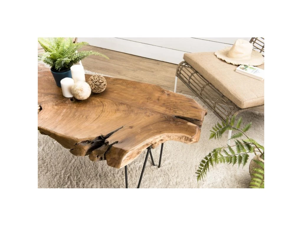 LALY - Table Basse Marron Forme Naturelle Bois Teck Pieds épingles Scandi Métal Noir 5 LALY - Table Basse Marron Forme Naturelle Bois Teck Pieds épingles Scandi Métal Noir – Image 3