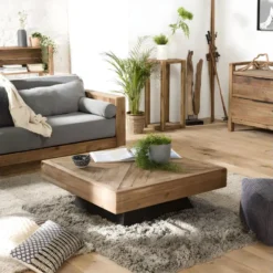 ANDRIAN - Table Basse Carrée Marron 99.5x99.5cm Bois Pin Recyclé Piètement Noir