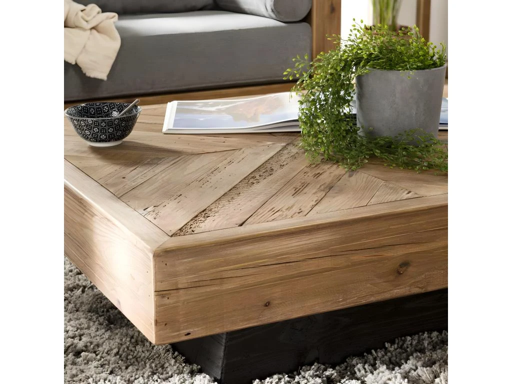 ANDRIAN - Table Basse Carrée Marron 99.5x99.5cm Bois Pin Recyclé Piètement Noir 5 ANDRIAN - Table Basse Carrée Marron 99.5x99.5cm Bois Pin Recyclé Piètement Noir – Image 3