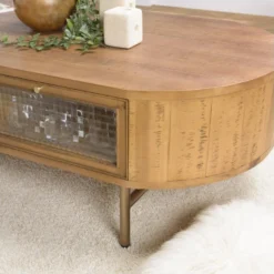 YSEULT - Table Basse Ovale Couleur Naturelle Bois Peuplier 4 Tiroirs Vitrés -Pas Cher Mobiliora Magasin table basse 14655099