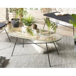 CHLOE - Table Basse 100x45cm Rotin Naturel Plateau Verre Pieds Métal Noir