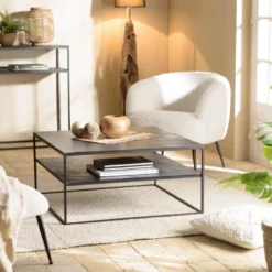 JONAS - Table Basse Double Plateau 80x80cm Aluminium Noir Pieds Métal