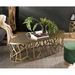 JONAS - Table Basse Ovale 150x60cm Aluminium Doré Piètement Graphique