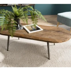 ALIDA - Table Basse Marron Ovale Teck Recyclé Pieds Métal