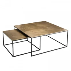 JONAS - Set De 2 Tables Gigognes Carrées Aluminium Doré - Pieds Métal Noir -Pas Cher Mobiliora Magasin table basse 14656009