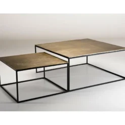 JONAS - Set De 2 Tables Gigognes Carrées Aluminium Doré - Pieds Métal Noir -Pas Cher Mobiliora Magasin table basse 14656015