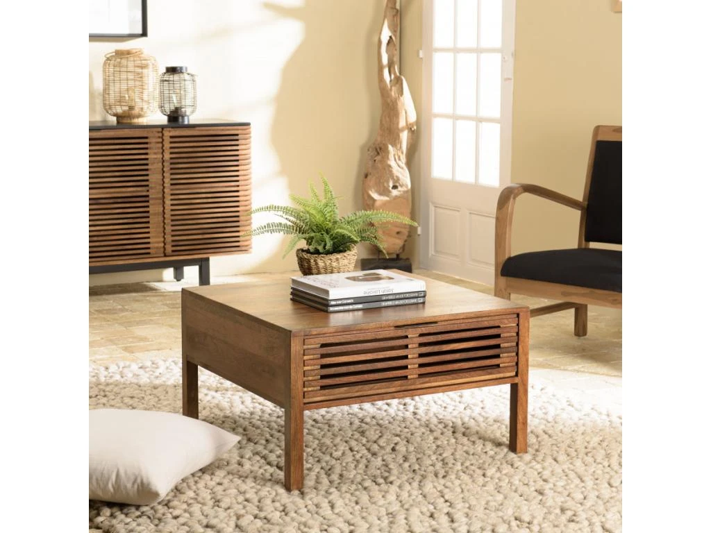 ALIX - Table Basse Carrée 70x70cm En Bois De Manguier 2 Tiroirs Ajourés 3 ALIX - Table Basse Carrée 70x70cm En Bois De Manguier 2 Tiroirs Ajourés