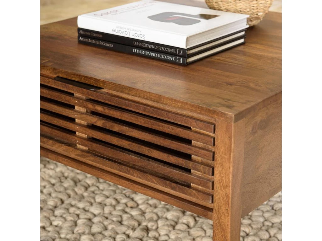 ALIX - Table Basse Carrée 70x70cm En Bois De Manguier 2 Tiroirs Ajourés 5 ALIX - Table Basse Carrée 70x70cm En Bois De Manguier 2 Tiroirs Ajourés – Image 3