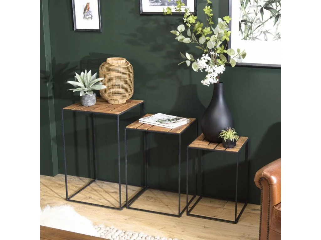 ALIDA - Set De 3 Tables D'appoint Gigogne Plateaux Bois Teck Recyclé Structure Métal Noir 3 ALIDA - Set De 3 Tables D'appoint Gigogne Plateaux Bois Teck Recyclé Structure Métal Noir