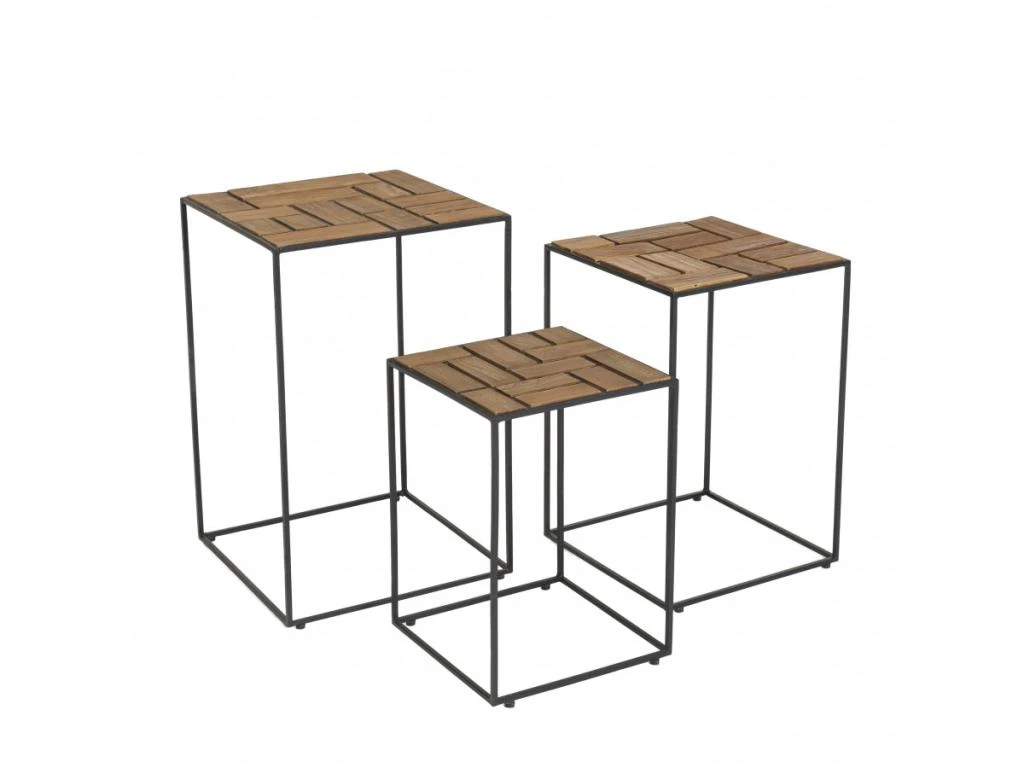 ALIDA - Set De 3 Tables D'appoint Gigogne Plateaux Bois Teck Recyclé Structure Métal Noir 4 ALIDA - Set De 3 Tables D'appoint Gigogne Plateaux Bois Teck Recyclé Structure Métal Noir – Image 2