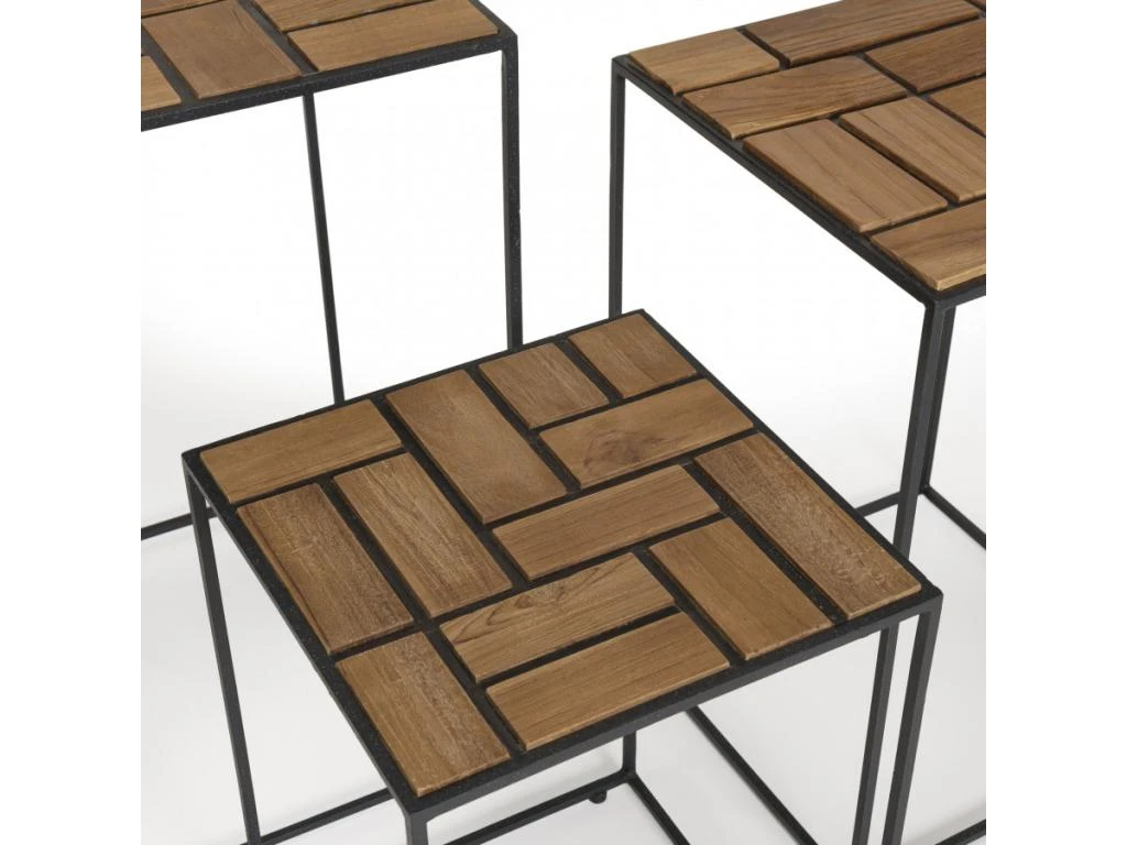 ALIDA - Set De 3 Tables D'appoint Gigogne Plateaux Bois Teck Recyclé Structure Métal Noir 5 ALIDA - Set De 3 Tables D'appoint Gigogne Plateaux Bois Teck Recyclé Structure Métal Noir – Image 3