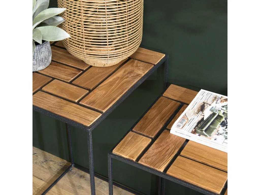 ALIDA - Set De 3 Tables D'appoint Gigogne Plateaux Bois Teck Recyclé Structure Métal Noir 7 ALIDA - Set De 3 Tables D'appoint Gigogne Plateaux Bois Teck Recyclé Structure Métal Noir – Image 5