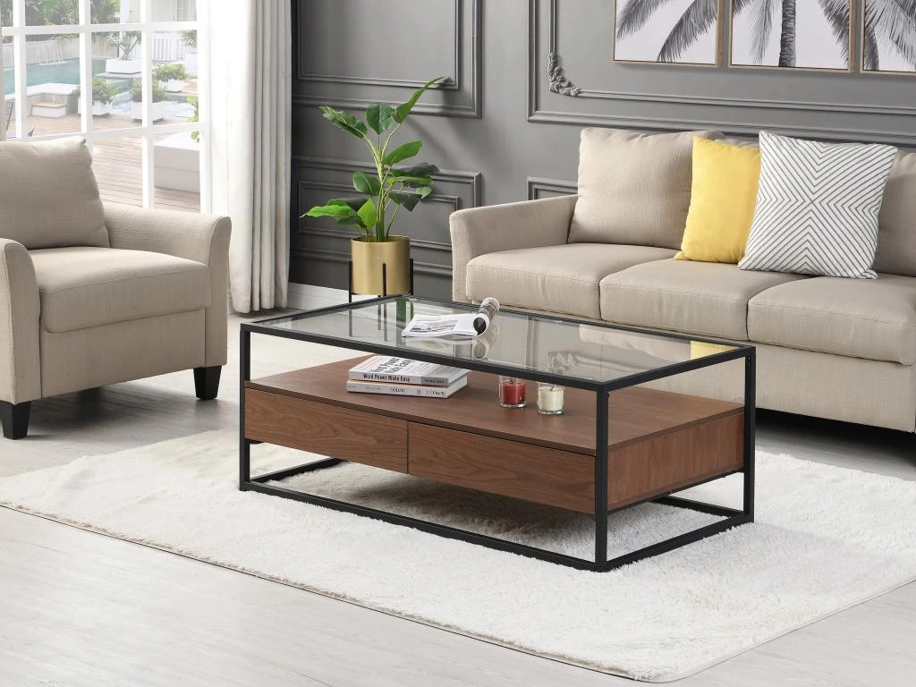 Table Basse Avec 2 Tiroirs En MDF, Verre Trempé Et Métal - Naturel Foncé - CAMATA 3 Table Basse Avec 2 Tiroirs En MDF, Verre Trempé Et Métal - Naturel Foncé - CAMATA