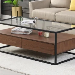 Table Basse Avec 2 Tiroirs En MDF, Verre Trempé Et Métal - Naturel Foncé - CAMATA 12 Table Basse Avec 2 Tiroirs En MDF, Verre Trempé Et Métal - Naturel Foncé - CAMATA -Pas Cher Mobiliora Magasin table basse 15789669