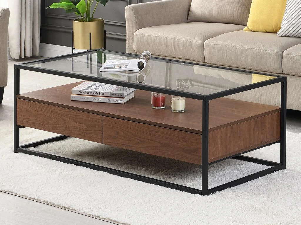 Table Basse Avec 2 Tiroirs En MDF, Verre Trempé Et Métal - Naturel Foncé - CAMATA 4 Table Basse Avec 2 Tiroirs En MDF, Verre Trempé Et Métal - Naturel Foncé - CAMATA – Image 2