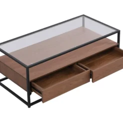 Table Basse Avec 2 Tiroirs En MDF, Verre Trempé Et Métal - Naturel Foncé - CAMATA 16 Table Basse Avec 2 Tiroirs En MDF, Verre Trempé Et Métal - Naturel Foncé - CAMATA -Pas Cher Mobiliora Magasin table basse 15789671