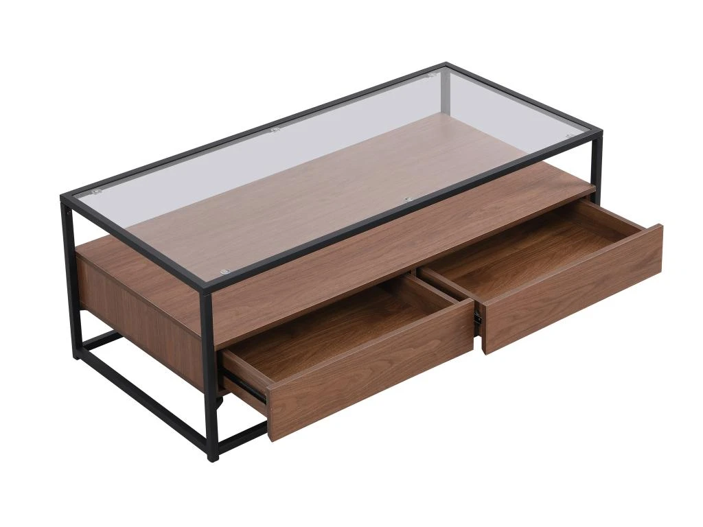 Table Basse Avec 2 Tiroirs En MDF, Verre Trempé Et Métal - Naturel Foncé - CAMATA 8 Table Basse Avec 2 Tiroirs En MDF, Verre Trempé Et Métal - Naturel Foncé - CAMATA – Image 6