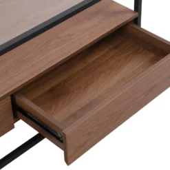 Table Basse Avec 2 Tiroirs En MDF, Verre Trempé Et Métal - Naturel Foncé - CAMATA 17 Table Basse Avec 2 Tiroirs En MDF, Verre Trempé Et Métal - Naturel Foncé - CAMATA -Pas Cher Mobiliora Magasin table basse 15789675