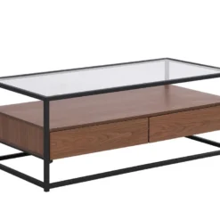 Table Basse Avec 2 Tiroirs En MDF, Verre Trempé Et Métal - Naturel Foncé - CAMATA 15 Table Basse Avec 2 Tiroirs En MDF, Verre Trempé Et Métal - Naturel Foncé - CAMATA -Pas Cher Mobiliora Magasin table basse 15789679