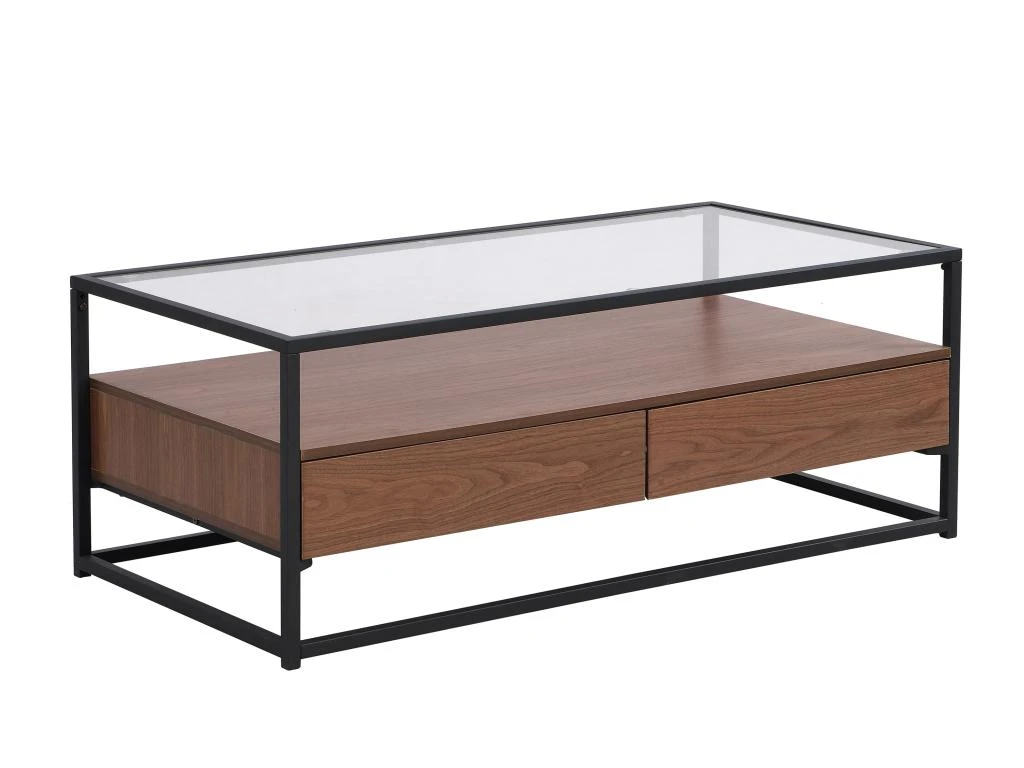 Table Basse Avec 2 Tiroirs En MDF, Verre Trempé Et Métal - Naturel Foncé - CAMATA 7 Table Basse Avec 2 Tiroirs En MDF, Verre Trempé Et Métal - Naturel Foncé - CAMATA – Image 5