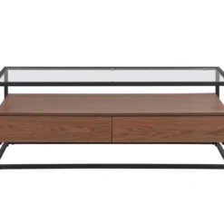 Table Basse Avec 2 Tiroirs En MDF, Verre Trempé Et Métal - Naturel Foncé - CAMATA 13 Table Basse Avec 2 Tiroirs En MDF, Verre Trempé Et Métal - Naturel Foncé - CAMATA -Pas Cher Mobiliora Magasin table basse 15789683