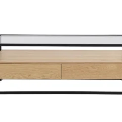 Table Basse Avec 2 Tiroirs En MDF, Verre Trempé Et Métal - Naturel Clair - CAMATA -Pas Cher Mobiliora Magasin table basse 15789699