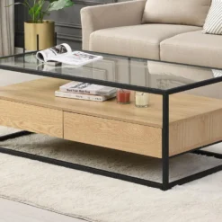 Table Basse Avec 2 Tiroirs En MDF, Verre Trempé Et Métal - Naturel Clair - CAMATA -Pas Cher Mobiliora Magasin table basse 15789703