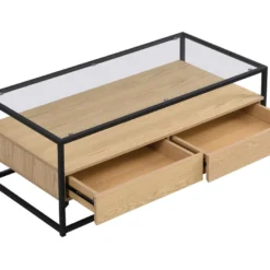 Table Basse Avec 2 Tiroirs En MDF, Verre Trempé Et Métal - Naturel Clair - CAMATA -Pas Cher Mobiliora Magasin table basse 15789705