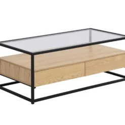 Table Basse Avec 2 Tiroirs En MDF, Verre Trempé Et Métal - Naturel Clair - CAMATA -Pas Cher Mobiliora Magasin table basse 15789713