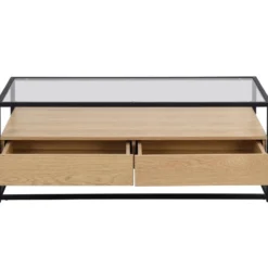 Table Basse Avec 2 Tiroirs En MDF, Verre Trempé Et Métal - Naturel Clair - CAMATA -Pas Cher Mobiliora Magasin table basse 15789715