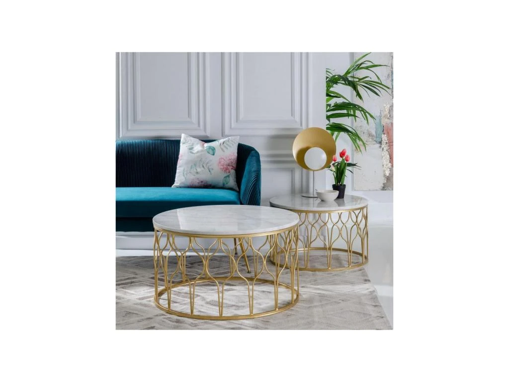 Tables Basses Gigognes Marbre Blanc/Doré - AMILI 4 Tables Basses Gigognes Marbre Blanc/Doré - AMILI – Image 2