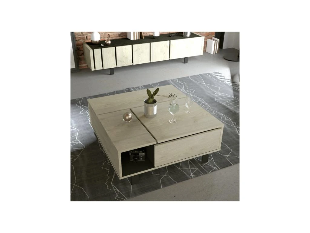 Table Basse Carrée Relevable Chêne Clair/Noir Mat - FOREST 4 Table Basse Carrée Relevable Chêne Clair/Noir Mat - FOREST – Image 2