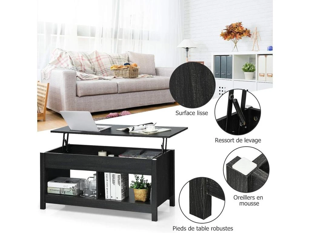 Table Basse Avec Plateau Relevable Et Espace De Rangement Caché,ideal Pour Salon 109 X 47,5 X 50 Cm (noir) 4 Table Basse Avec Plateau Relevable Et Espace De Rangement Caché,ideal Pour Salon 109 X 47,5 X 50 Cm (noir) – Image 2