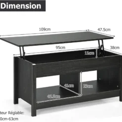 Table Basse Avec Plateau Relevable Et Espace De Rangement Caché,ideal Pour Salon 109 X 47,5 X 50 Cm (noir) 11 Table Basse Avec Plateau Relevable Et Espace De Rangement Caché,ideal Pour Salon 109 X 47,5 X 50 Cm (noir) -Pas Cher Mobiliora Magasin table basse 18802831