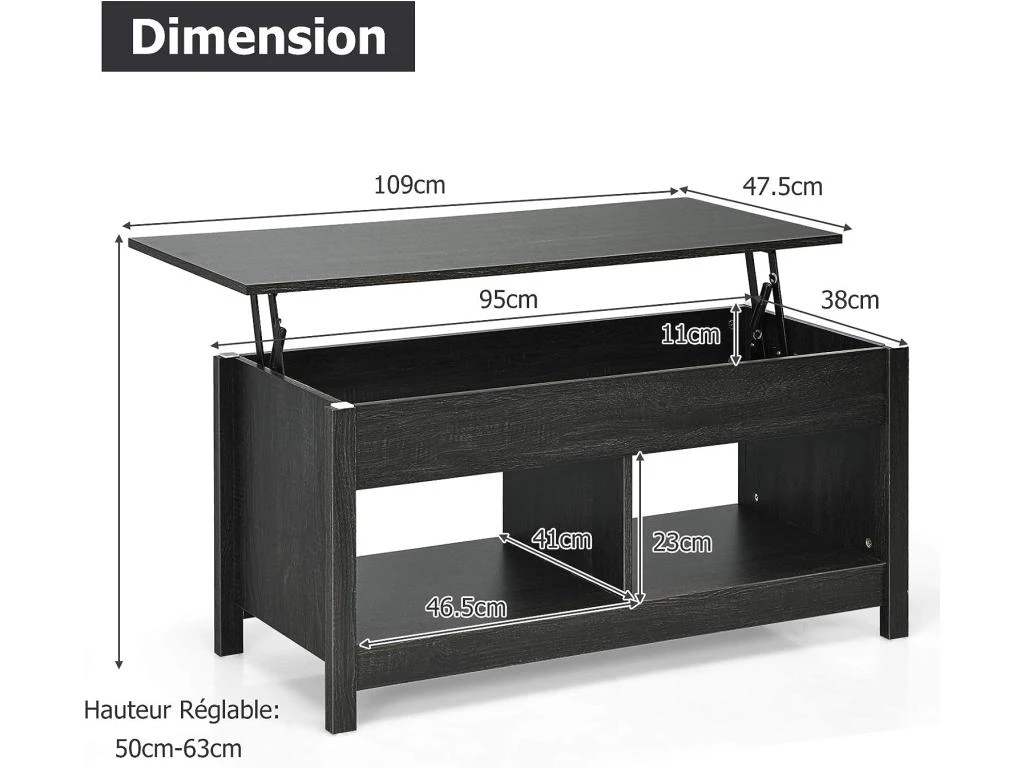 Table Basse Avec Plateau Relevable Et Espace De Rangement Caché,ideal Pour Salon 109 X 47,5 X 50 Cm (noir) 7 Table Basse Avec Plateau Relevable Et Espace De Rangement Caché,ideal Pour Salon 109 X 47,5 X 50 Cm (noir) – Image 5