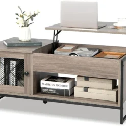 Table Basse Relevable Avec 1 Compartiment Ouvert Et Placard à 2 Portes,104x52,5x44,5cm