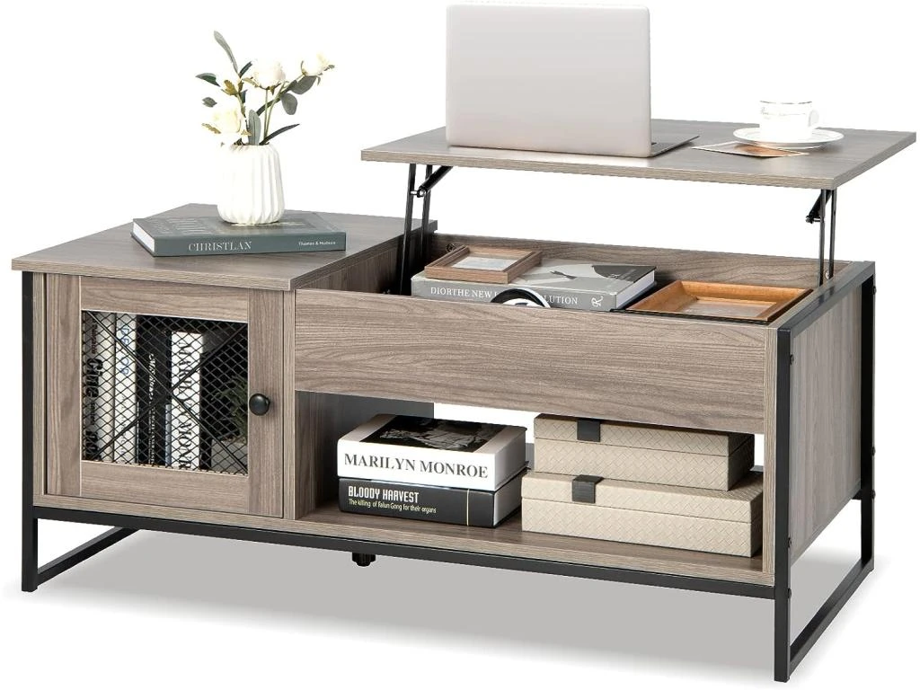 Table Basse Relevable Avec 1 Compartiment Ouvert Et Placard à 2 Portes,104x52,5x44,5cm 3 Table Basse Relevable Avec 1 Compartiment Ouvert Et Placard à 2 Portes,104x52,5x44,5cm