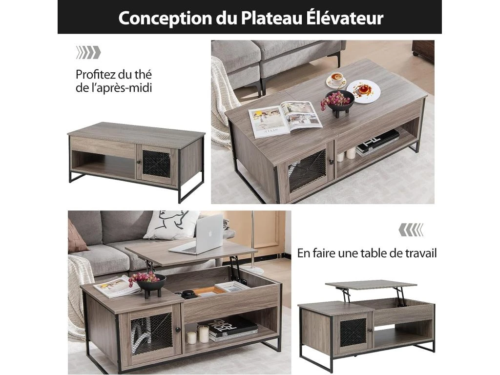 Table Basse Relevable Avec 1 Compartiment Ouvert Et Placard à 2 Portes,104x52,5x44,5cm 4 Table Basse Relevable Avec 1 Compartiment Ouvert Et Placard à 2 Portes,104x52,5x44,5cm – Image 2