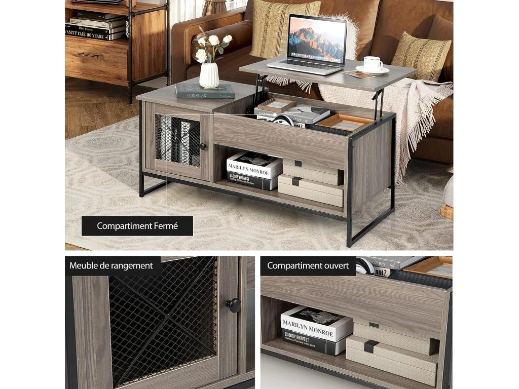 Table Basse Relevable Avec 1 Compartiment Ouvert Et Placard à 2 Portes,104x52,5x44,5cm 5 Table Basse Relevable Avec 1 Compartiment Ouvert Et Placard à 2 Portes,104x52,5x44,5cm – Image 3