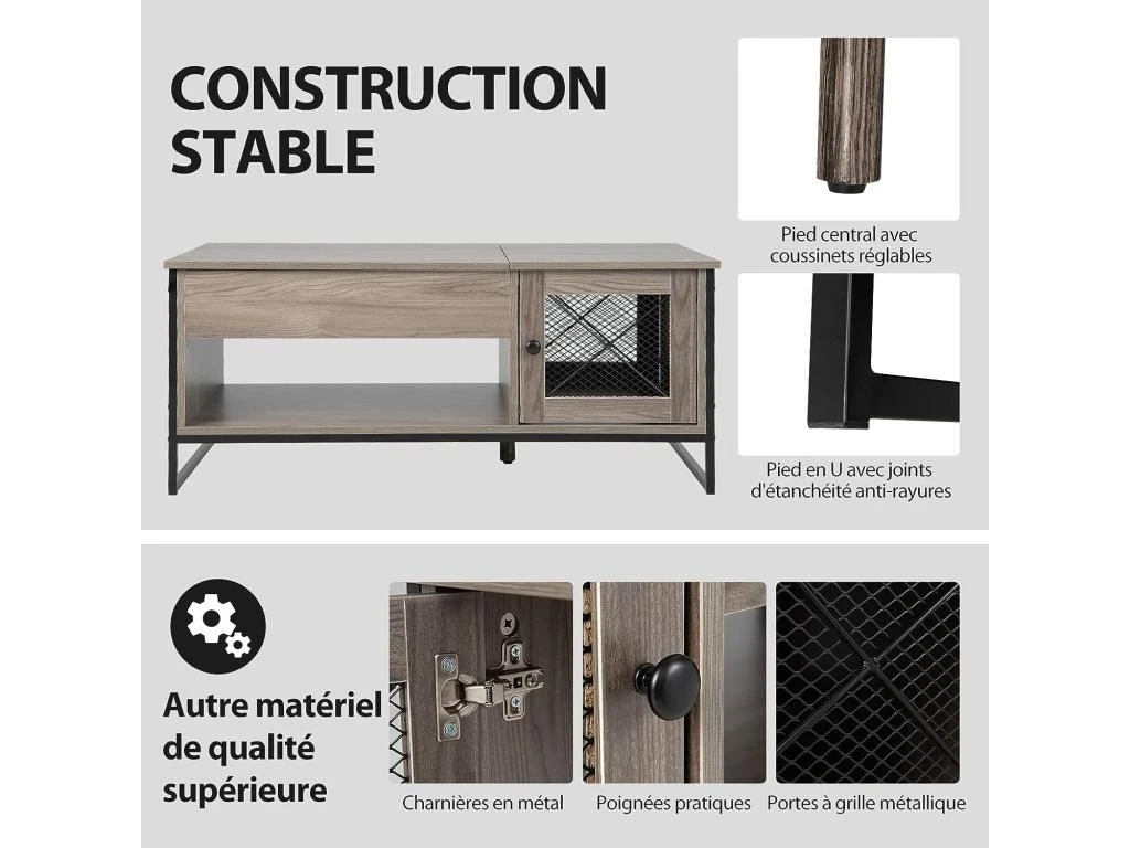 Table Basse Relevable Avec 1 Compartiment Ouvert Et Placard à 2 Portes,104x52,5x44,5cm 6 Table Basse Relevable Avec 1 Compartiment Ouvert Et Placard à 2 Portes,104x52,5x44,5cm – Image 4