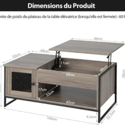Table Basse Relevable Avec 1 Compartiment Ouvert Et Placard à 2 Portes,104x52,5x44,5cm 11 Table Basse Relevable Avec 1 Compartiment Ouvert Et Placard à 2 Portes,104x52,5x44,5cm -Pas Cher Mobiliora Magasin table basse 18802861