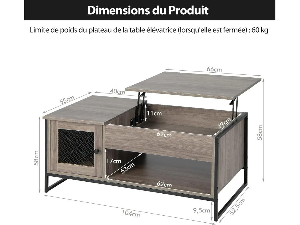 Table Basse Relevable Avec 1 Compartiment Ouvert Et Placard à 2 Portes,104x52,5x44,5cm 7 Table Basse Relevable Avec 1 Compartiment Ouvert Et Placard à 2 Portes,104x52,5x44,5cm – Image 5